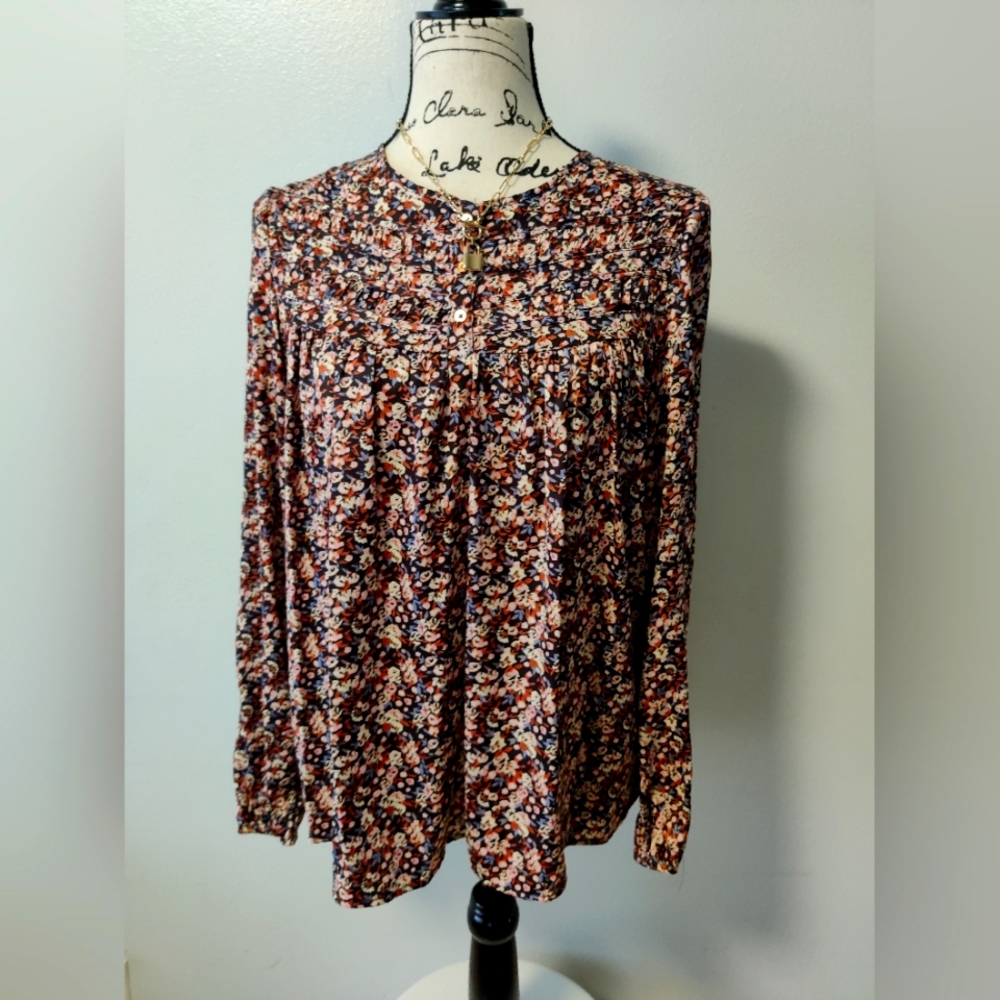 LC Lauren Conrad long sleeve multi floral blouse flowy top size small euc